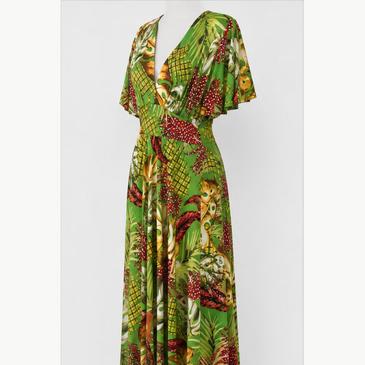 Jimi Fei Paris Maxi Jurk Dames - One Size - Groen Tropisch Bladprint - side