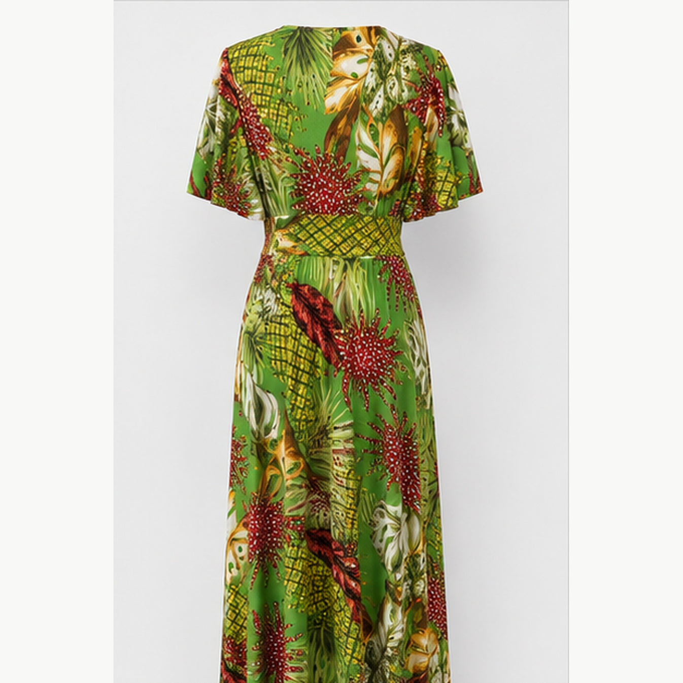 Jimi Fei Paris Maxi Jurk Dames - One Size - Groen Tropisch Bladprint - back