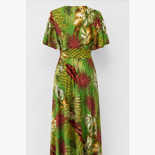 Jimi Fei Paris Maxi Jurk Dames - One Size - Groen Tropisch Bladprint - back