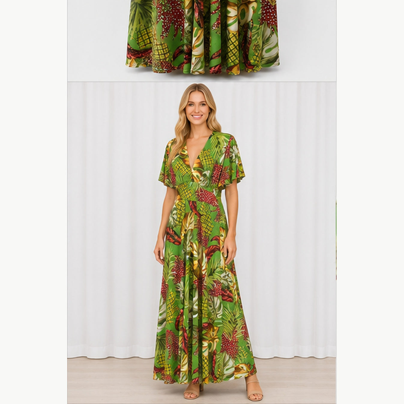 Jimi Fei Paris Maxi Jurk Dames - One Size - Groen Tropisch Bladprint - on model