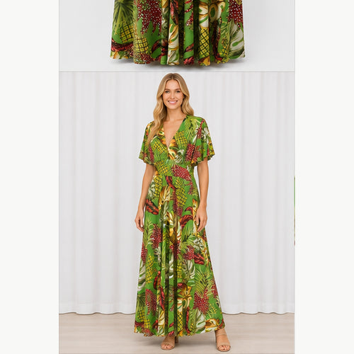 Jimi Fei Paris Maxi Jurk Dames - One Size - Groen Tropisch Bladprint - on model