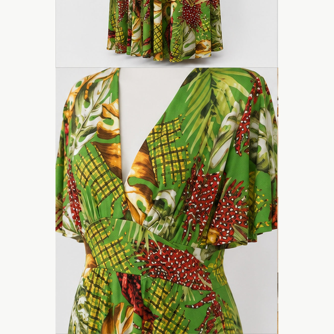 Jimi Fei Paris Maxi Jurk Dames - One Size - Groen Tropisch Bladprint - detail