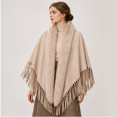 Suedine Driehoek Poncho met Franjes & Faux Fur Kraag