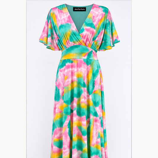 Jimi Fei Paris Maxi Jurk Dames - One Size - Roze Teal Geel Tie-Dye - front