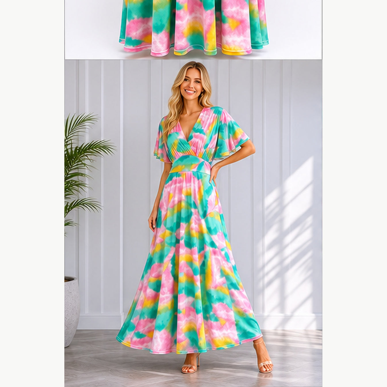 Jimi Fei Paris Maxi Jurk Dames - One Size - Roze Teal Geel Tie-Dye - on model