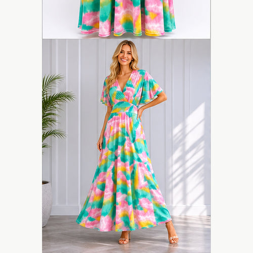 Jimi Fei Paris Maxi Jurk Dames - One Size - Roze Teal Geel Tie-Dye - on model