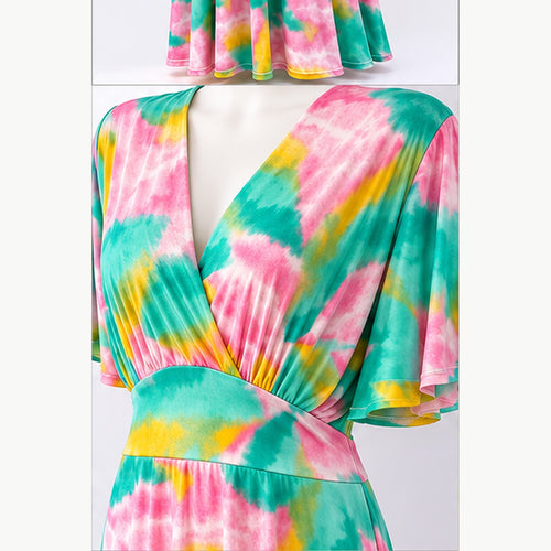 Jimi Fei Paris Maxi Jurk Dames - One Size - Roze Teal Geel Tie-Dye - detail