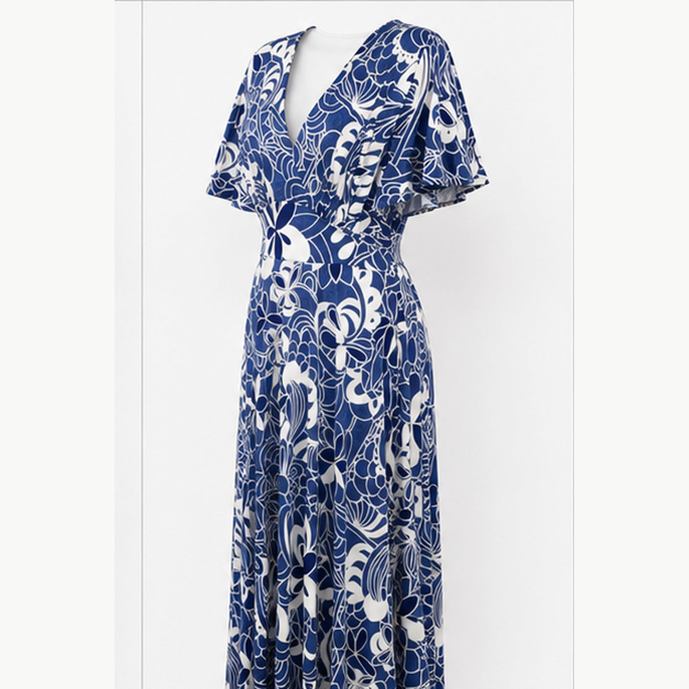 Jimi Fei Paris Maxi Jurk Dames - One Size - Navy Wit Bloemlijnprint - side