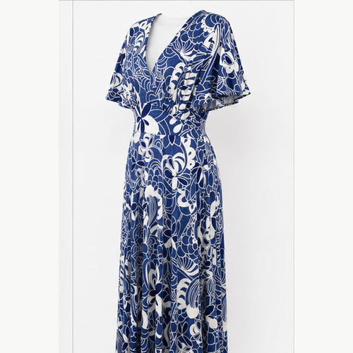 Jimi Fei Paris Maxi Jurk Dames - One Size - Navy Wit Bloemlijnprint - side