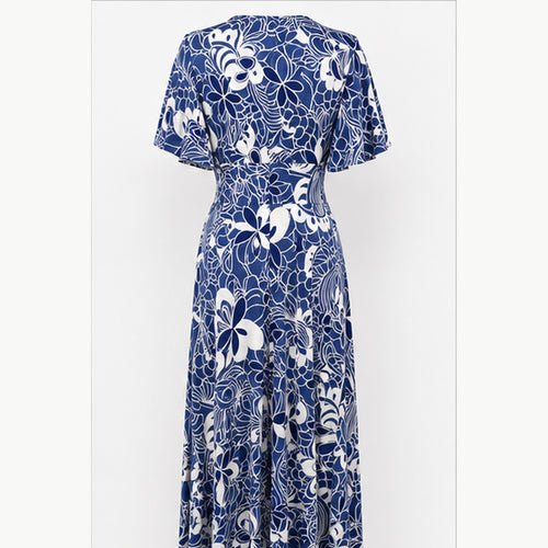 Jimi Fei Paris Maxi Jurk Dames - One Size - Navy Wit Bloemlijnprint - back