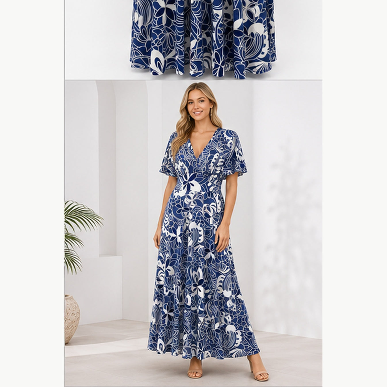 Jimi Fei Paris Maxi Jurk Dames - One Size - Navy Wit Bloemlijnprint - on model