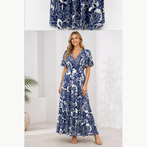 Jimi Fei Paris Maxi Jurk Dames - One Size - Navy Wit Bloemlijnprint - on model