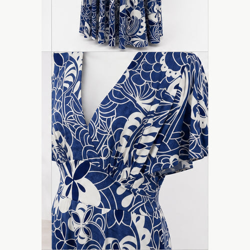 Jimi Fei Paris Maxi Jurk Dames - One Size - Navy Wit Bloemlijnprint - detail
