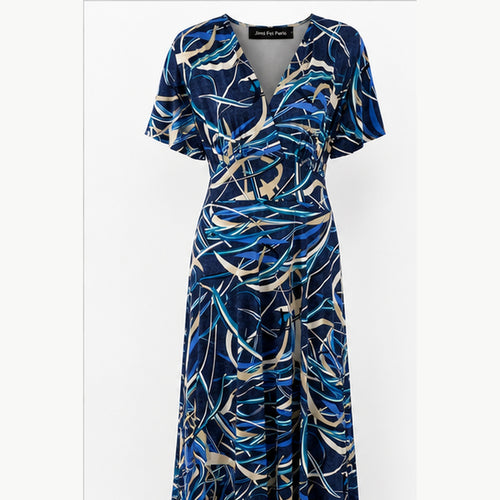 Jimi Fei Paris Maxi Jurk Dames - One Size - Navy Blauw Abstracte Lijnen - front