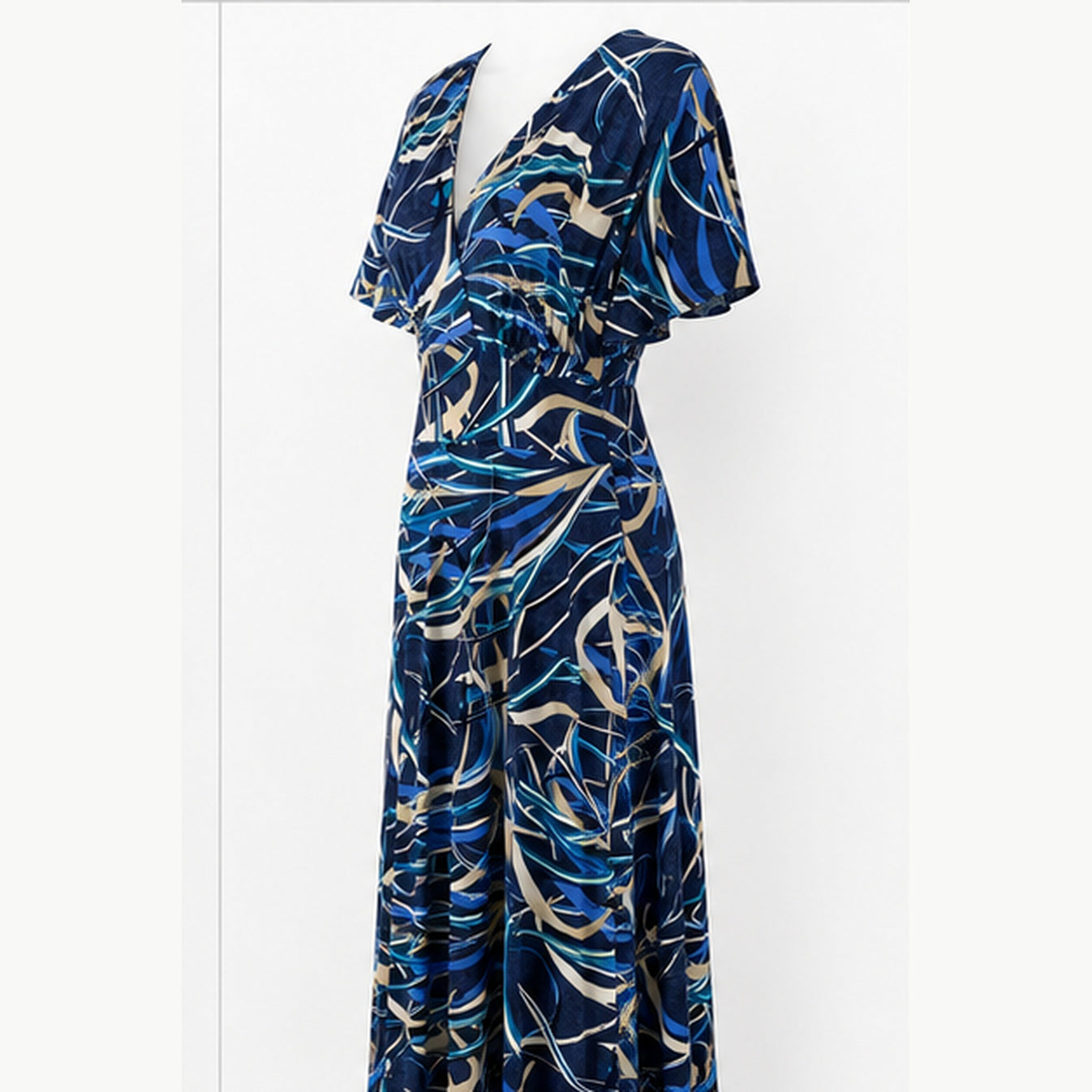 Jimi Fei Paris Maxi Jurk Dames - One Size - Navy Blauw Abstracte Lijnen - side