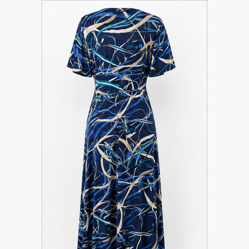 Jimi Fei Paris Maxi Jurk Dames - One Size - Navy Blauw Abstracte Lijnen - back