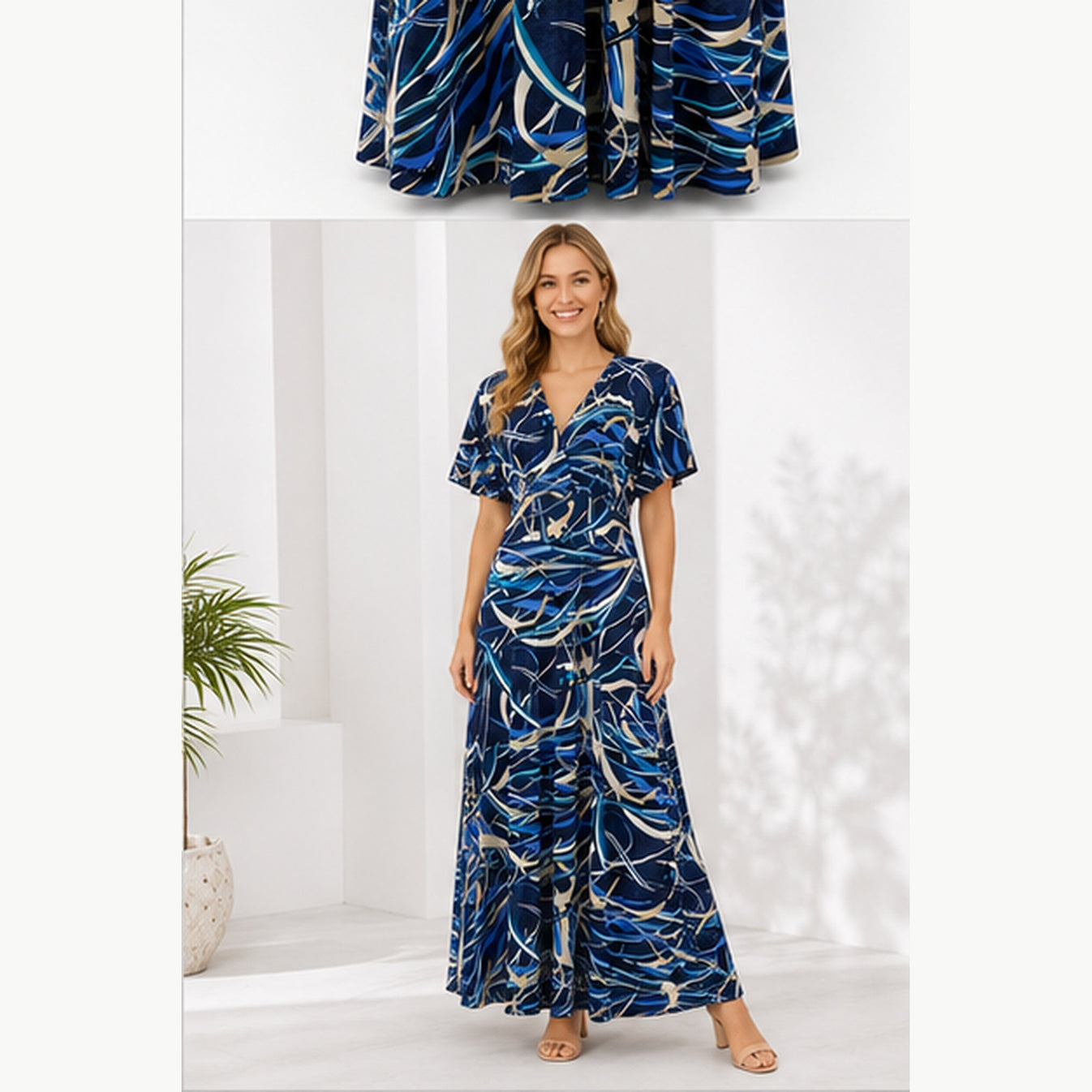 Jimi Fei Paris Maxi Jurk Dames - One Size - Navy Blauw Abstracte Lijnen - on model