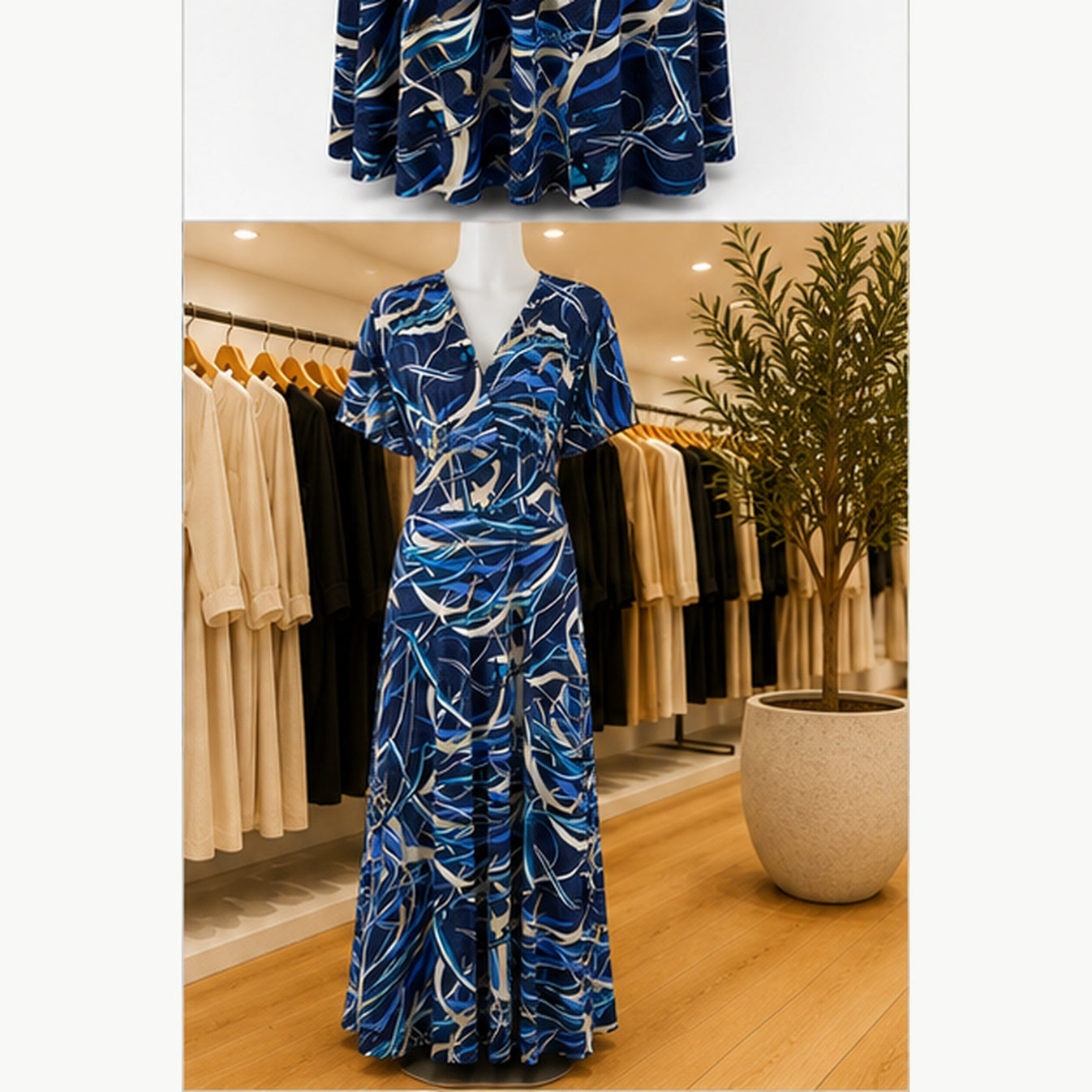 Jimi Fei Paris Maxi Jurk Dames - One Size - Navy Blauw Abstracte Lijnen - in setting
