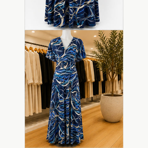 Jimi Fei Paris Maxi Jurk Dames - One Size - Navy Blauw Abstracte Lijnen - in setting
