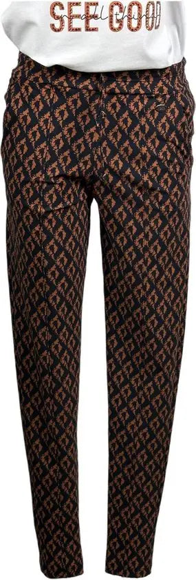 Nous - Casual broek - Bruine print - Taillekoord - Travelstof - Maat XXL - In 5 maten verkrijgbaar