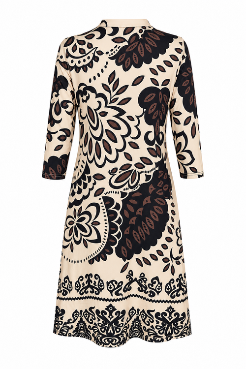 Angelle Milan Travelstof Jurk - Crème Zwart Bruin Botanische Print