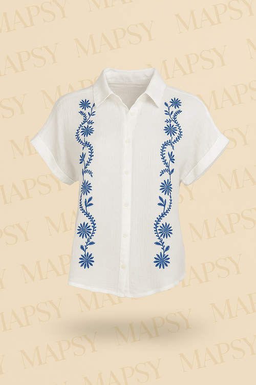 Suzzy & Milly Witte Blouse – Korte Mouwen Blouse met Kobaltblauw Borduursel (S/M/L) - Mapsy B.V