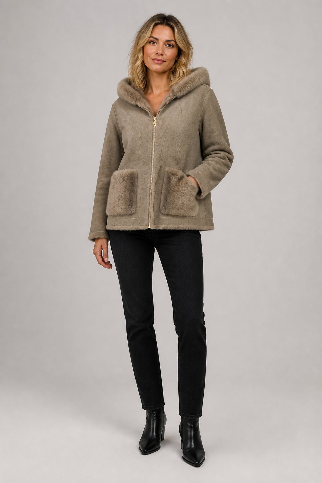Reversible Jas - Taupe - Faux Fur & Suèdelook - One Size