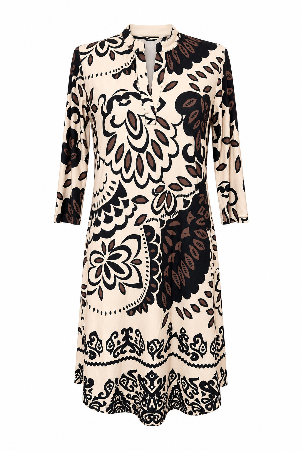 Angelle Milan Travelstof Jurk - Crème Zwart Bruin Botanische Print