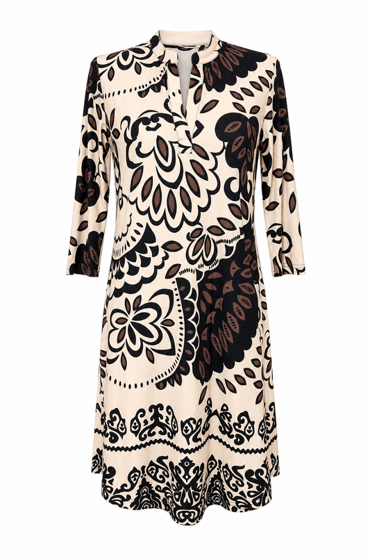 Angelle Milan Travelstof Jurk - Crème Zwart Bruin Botanische Print