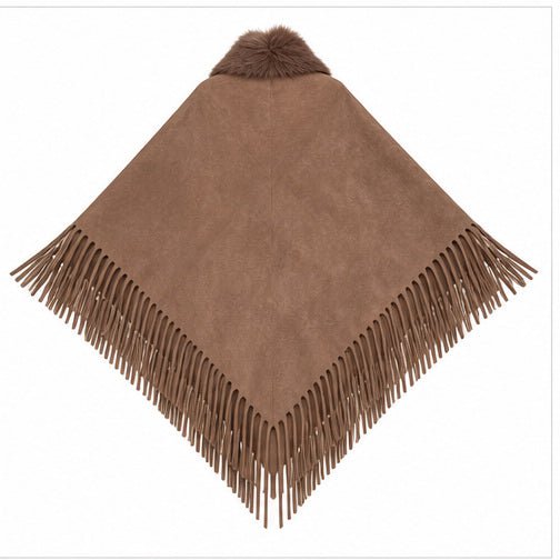 Suedine Driehoek Poncho met Franjes & Faux Fur Kraag