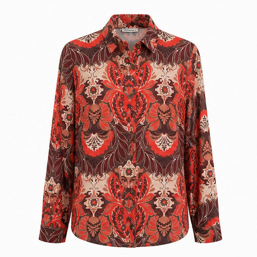 Angelle Milan Travelstof Blouse - Bruin Koraal Ornamentele Bloemenprint