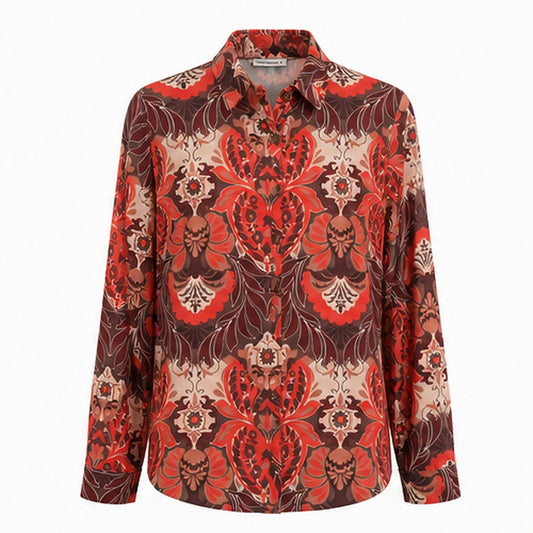 Angelle Milan Travelstof Blouse - Bruin Koraal Ornamentele Bloemenprint