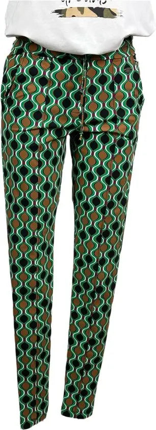 Angelle Milan - Casual broek - Groen patroon - Travelstof - Taillekoord - Maat S - In 5 maten beschikbaar