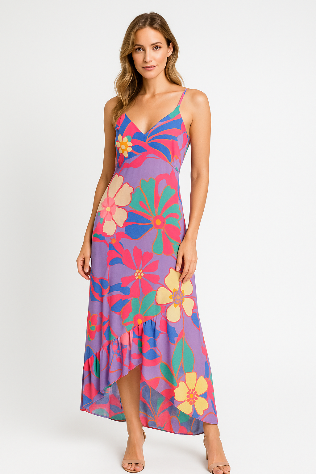 Angelle Milan Maxi Zomerjurk – Paarse Bloemenprint – Travelstof – Spaghettibandjes – V-Ruffle Zoom – Maten S t/m XXL