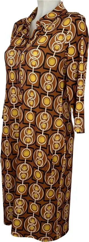 Angelle Milan - travelstof jurk voor dames - Multikleur Bruin/Geel - Ademend - Kreukherstellend - Duurzame zomerjurk - in 5 maten! - Mapsy B.V