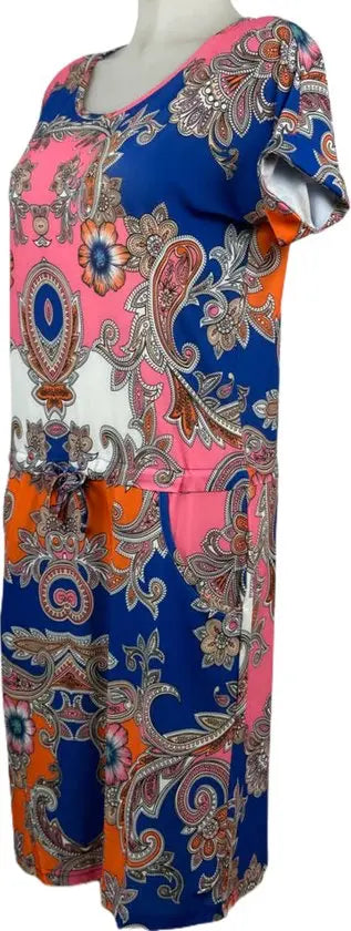 Angelle Milan – travelstof jurk –Blauw/Roze/Oranje Strik Jurk – Ademend – Kreukherstellend – Duurzame jurk - Mapsy B.V