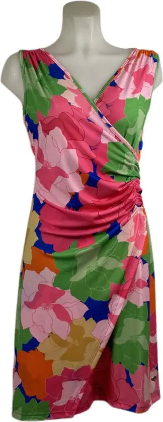 Angelle Milan – Travelkleding voor dames – Multikleur bloemen geplooide mouwloze Jurk – Ademend – Kreukvrij – Duurzame Jurk - In 5 maten! - Maat M - Mapsy B.V