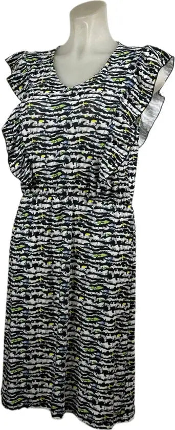 Angelle Milan – Travelkleding voor dames – Zebra Geel Groen Blauwe Mouwloze Jurk – Ademend – Kreukherstellend – Duurzame jurk - In 4 maten - Maat L