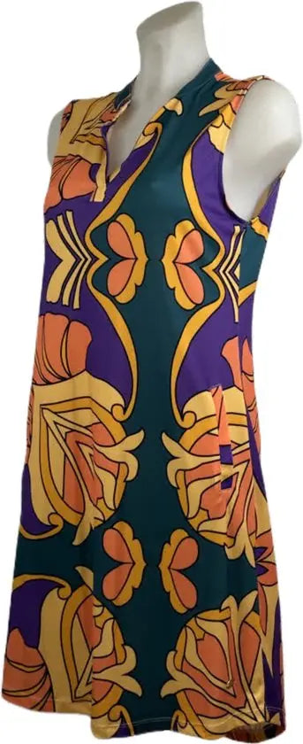 Angelle Milan – travelstof jurk – Mouwloze Groen/Oranje Jurk – Ademend – Kreukherstellend – Duurzame jurk - In 5 maten - Mapsy B.V