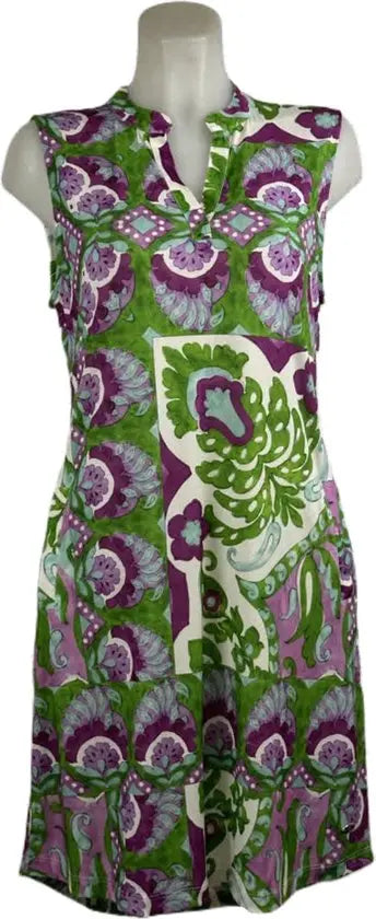 Angelle Milan – travelstof jurk voor dames – Mouwloze Groen/Paarse Jurk – Ademend – Kreukherstellend – Duurzame jurk - Mapsy B.V