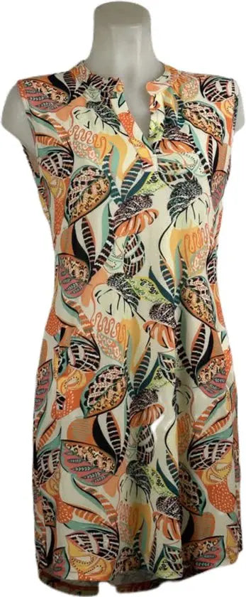 Angelle Milan – travelstof jurk voor dames – Mouwloze Oranje Jungle Jurk – Ademend – Kreukherstellend – Duurzame jurk - Mapsy B.V