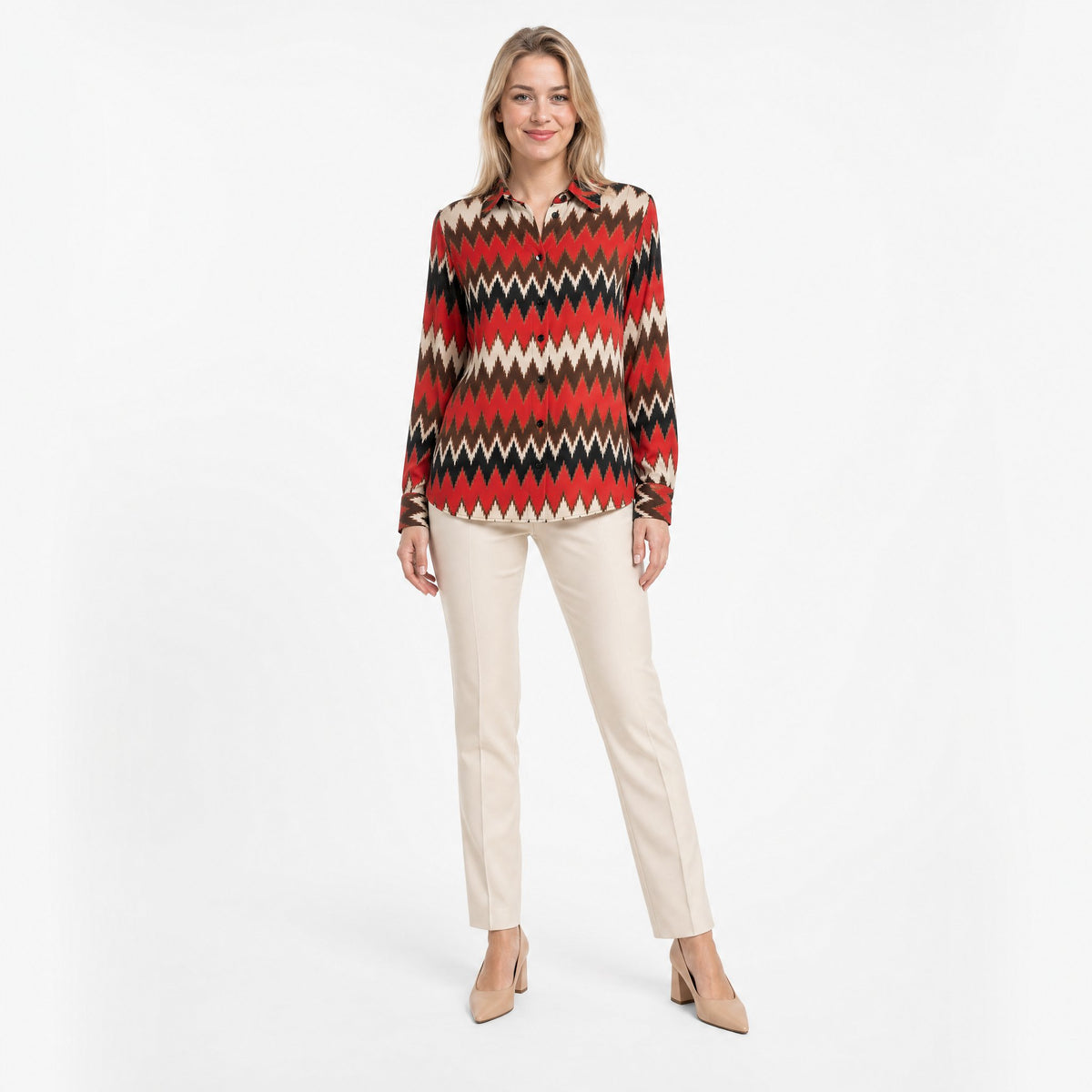 Angelle Milan Travelstof Blouse - Rood Bruin Crème Chevronprint