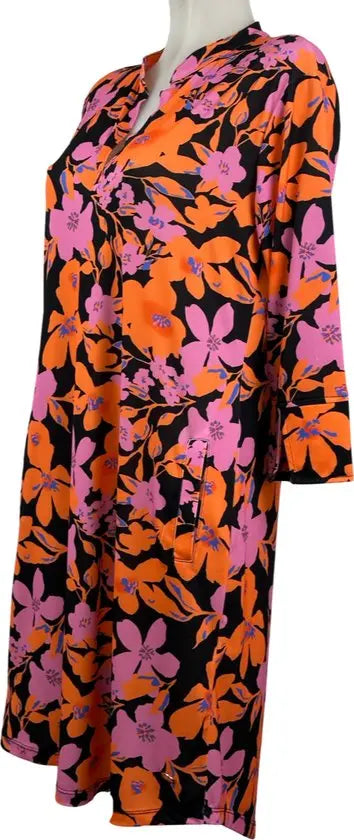 Angelle Milan – Travelkleding voor dames – Roze/Oranje bloemen Jurk – Ademend – Kreukherstellend – Duurzame jurk - In 5 maten - Maat XXL