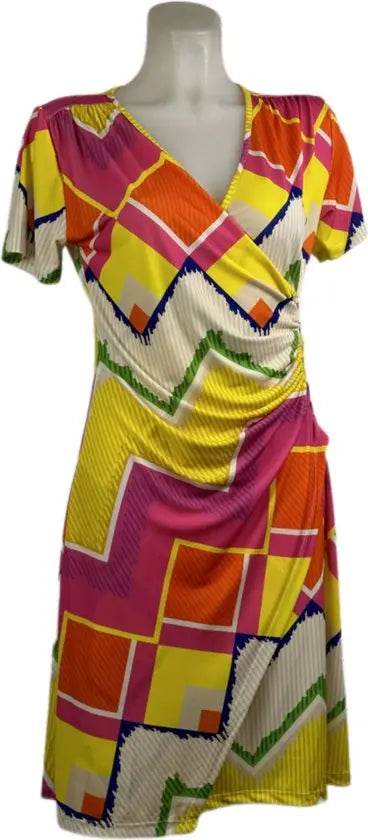 Angelle Milan – travelstof jurk – Geel/Oranje geplooide blokjes Jurk – Ademend – Kreukvrij – Duurzame Jurk - Mapsy B.V