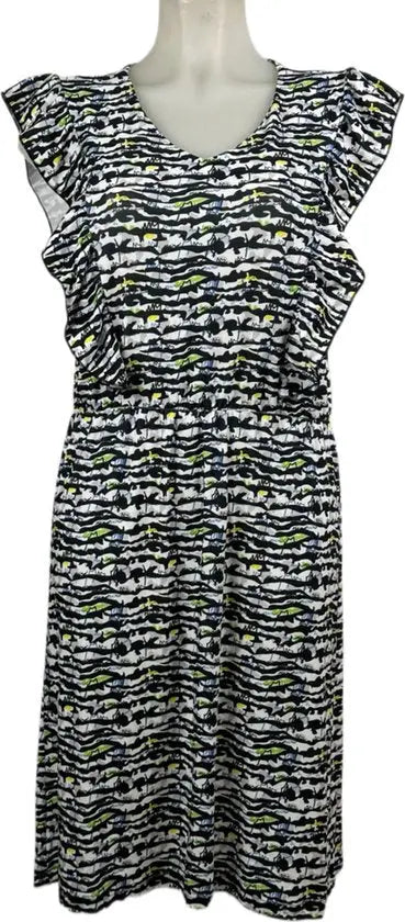 Angelle Milan – travelstof jurk voor dames – Zebra Geel Groen Blauwe Mouwloze Jurk – Ademend – Kreukherstellend – Duurzame jurk - Mapsy B.V
