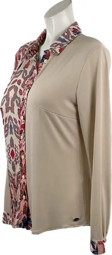 Angelle Milan - Blouse in 50/50 Rood/Beige voor Dames - Travelstof - Comfort - Strijkvrij - Duurzaam - Maat XXL - In 5 maten!