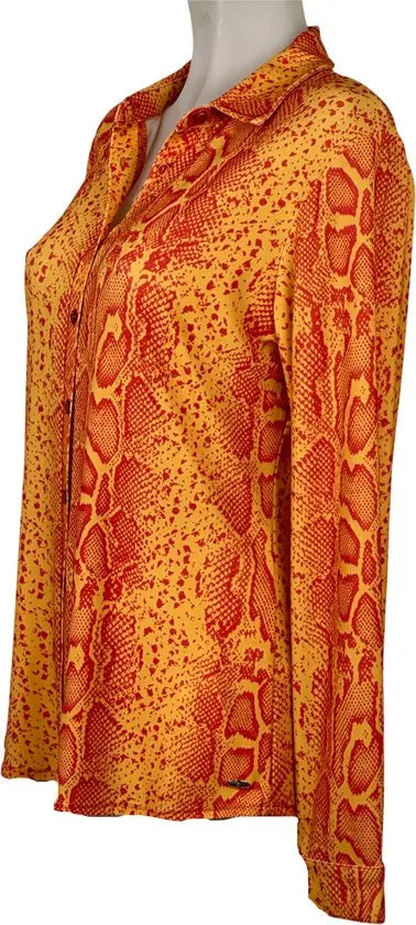 Angelle Milan - Blouse print in Oranje/Geel voor Dames - Travelstof - Comfort - Strijkvrij - Duurzaam - Maat L - In 5 maten!