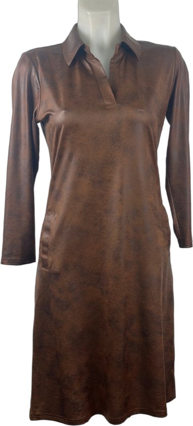 Leren Look Jurk met Lange Mouwen en Klassieke Kraag in Bruin – Wintermode in 5 Maten - Mapsy B.V