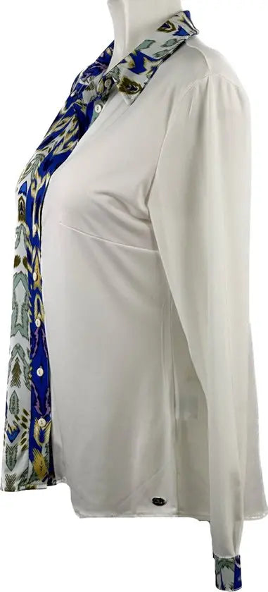 Angelle Milan - Blouse in 50/50 Blauw/Beige voor Dames - Travelstof - Comfort - Strijkvrij - Duurzaam - Maat L - In 5 maten!