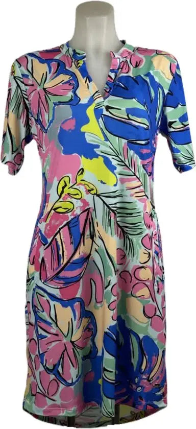 Angelle Milan – travelstof jurk – Blauw/Roze Jurk – Ademend – Kreukvrij – Duurzame Jurk - Mapsy B.V
